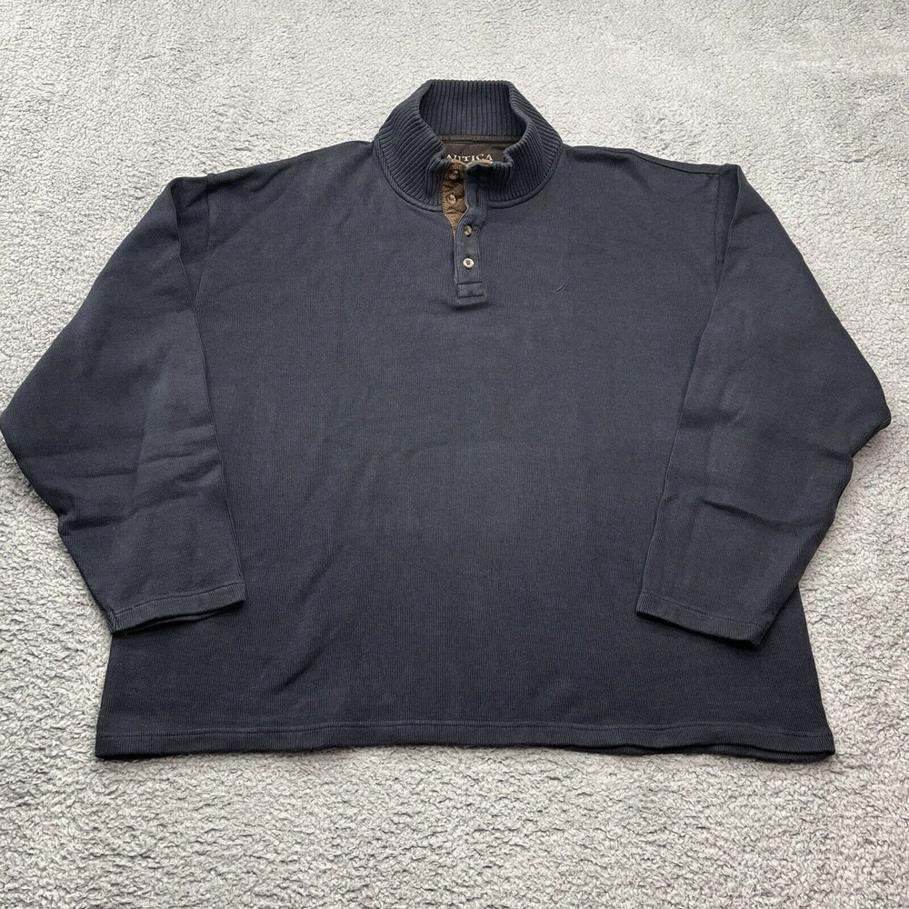 Nautica 1/4 Button Sweater‎ Mens 2XL Ribbed Mock Neck Blue Heavy Cozycore